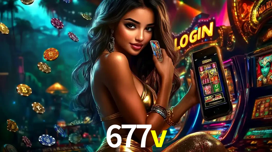 Mulher em um cenário de cassino temático de aventura, mostrando o app de caça-níqueis da 677v no celular. Fichas de apostas flutuam ao redor.