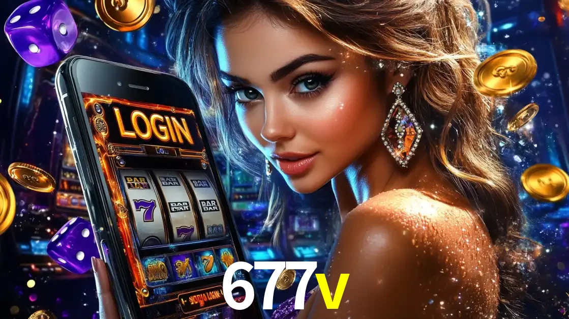 Mulher glamorosa segurando um smartphone com a tela de login para os jogos de caça-níqueis do cassino online 677v, com moedas de ouro e dados ao redor.