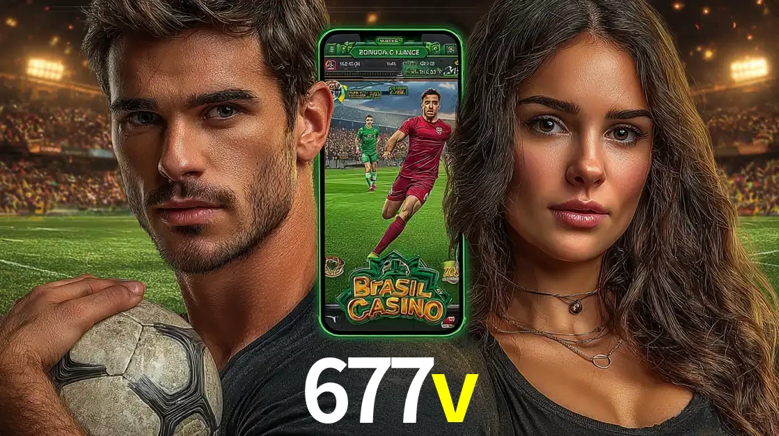 Homem segurando uma bola de futebol e uma mulher ao lado de um smartphone exibindo o jogo de apostas esportivas da 677v. Faça seu palpite no cassino online.